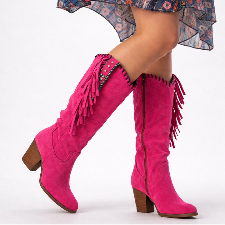 Women's tall cowboy boots with side zippers, fringe detailing, pointed toes and block heels