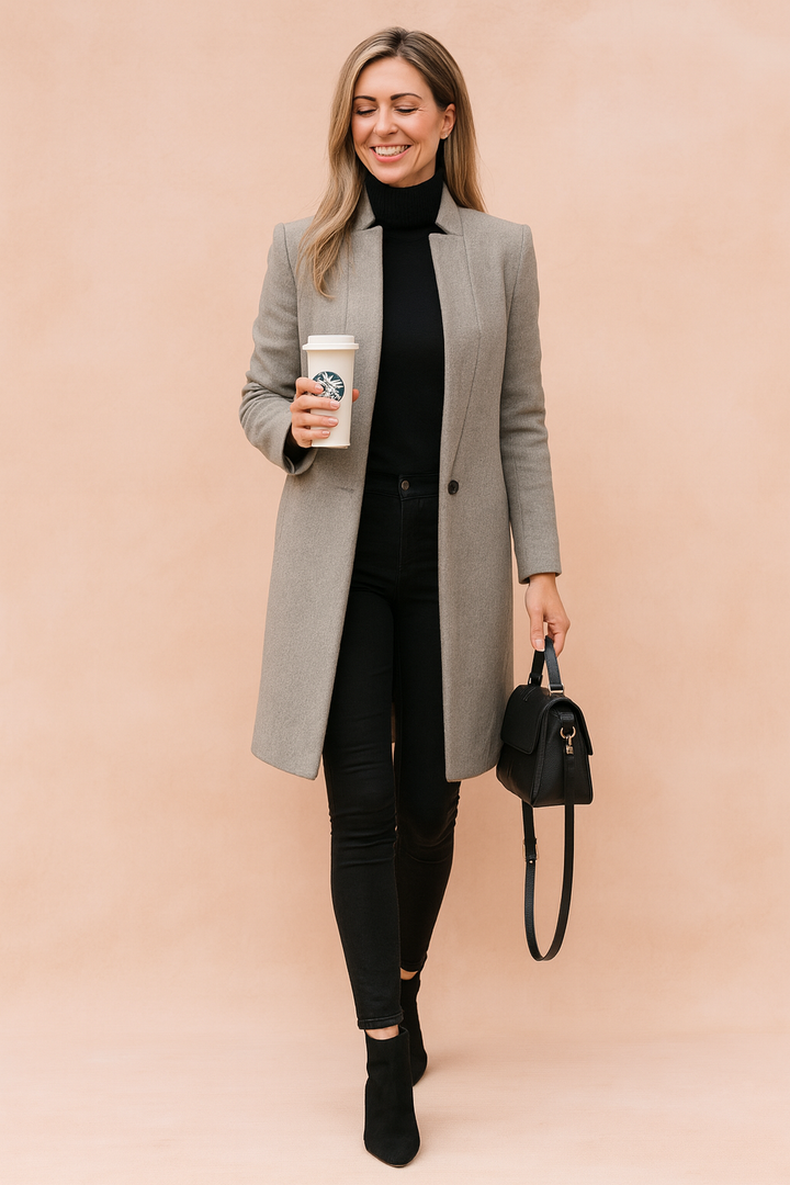 Women's minimalist knee-length coat with high collar and long sleeves