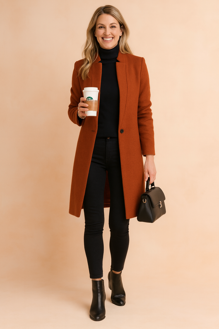 Women's minimalist knee-length coat with high collar and long sleeves