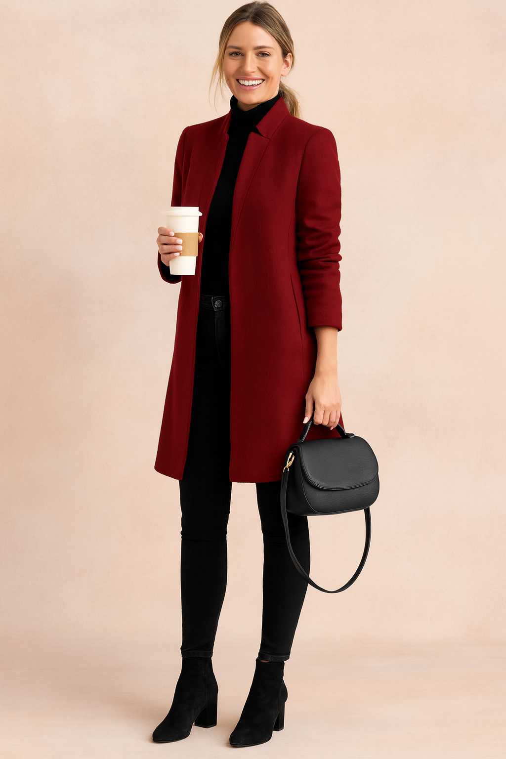 Women's minimalist knee-length coat with high collar and long sleeves