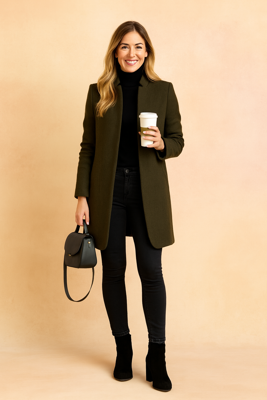 Women's minimalist knee-length coat with high collar and long sleeves