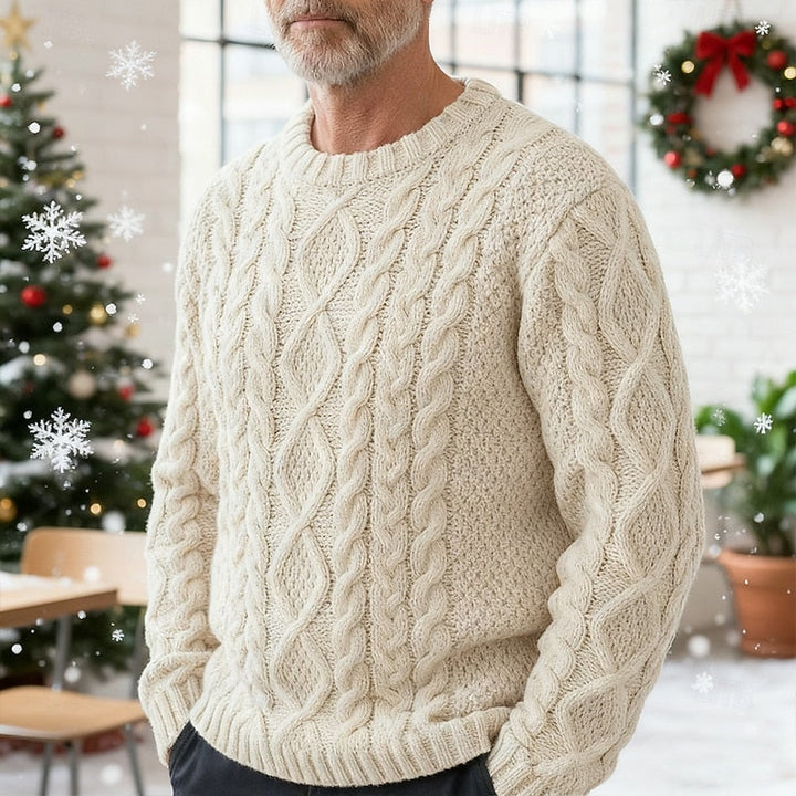 Men's textured cable knit sweater with crew neck and long sleeves