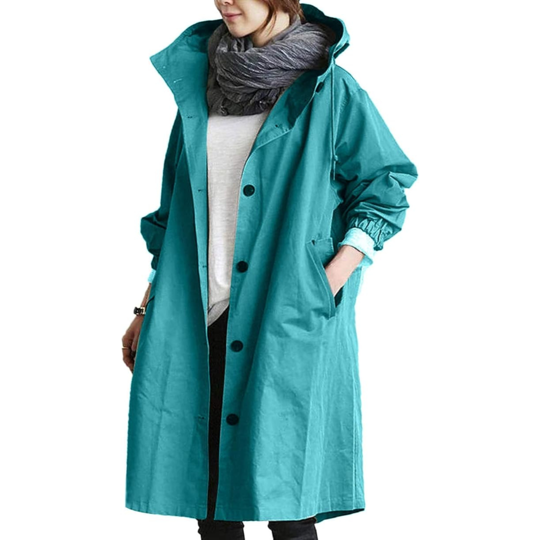 Women's hooded mid-length button front coat with long sleeves and front pockets