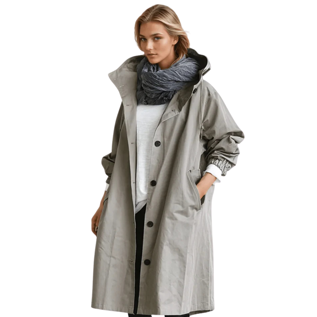 Women's hooded mid-length button front coat with long sleeves and front pockets