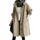 Women's hooded mid-length button front coat with long sleeves and front pockets