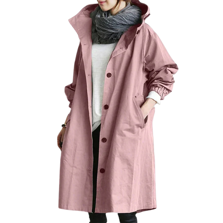 Women's hooded mid-length button front coat with long sleeves and front pockets