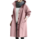 Women's hooded mid-length button front coat with long sleeves and front pockets