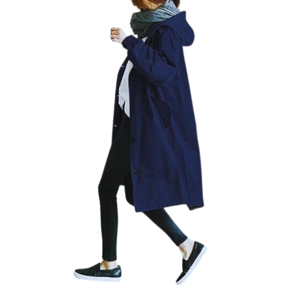 Women's hooded mid-length button front coat with long sleeves and front pockets