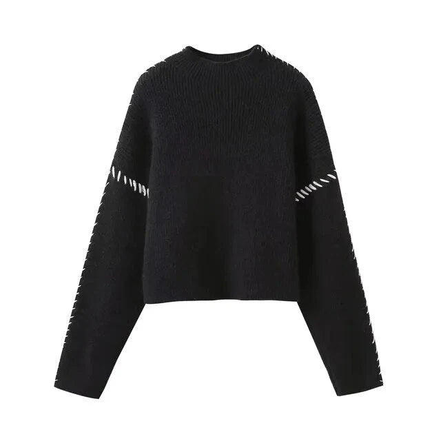 Women's textured knit sweater with crew neck and contrast stitching