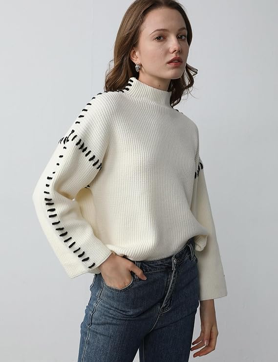 Women's textured knit sweater with crew neck and contrast stitching