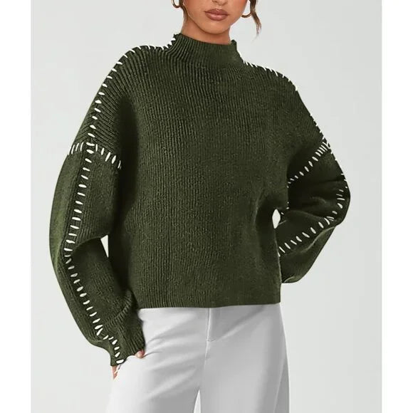 Women's textured knit sweater with crew neck and contrast stitching