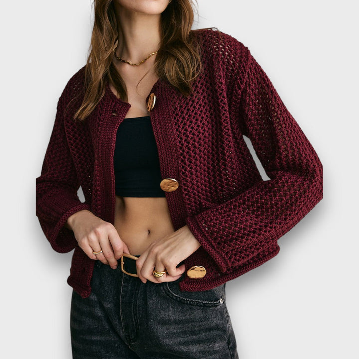 Women's burgundy textured knit cardigan with buttons and front patch pockets