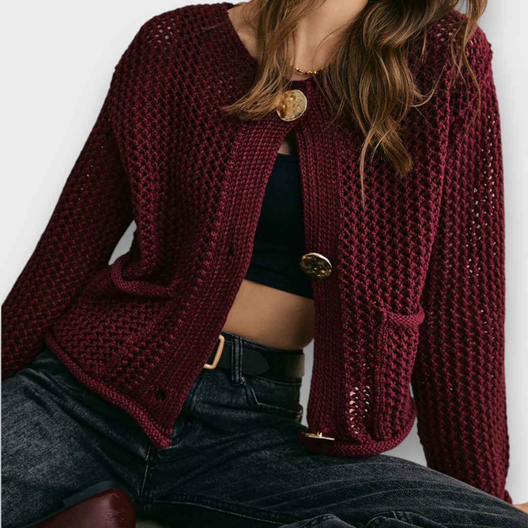 Women's burgundy textured knit cardigan with buttons and front patch pockets