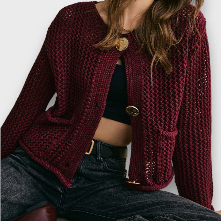 Women's burgundy textured knit cardigan with buttons and front patch pockets