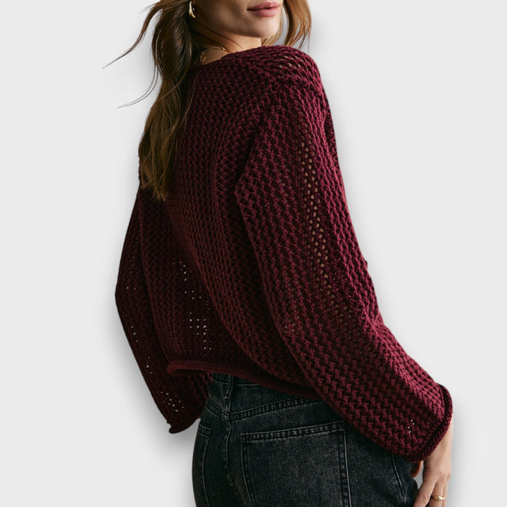 Women's burgundy textured knit cardigan with buttons and front patch pockets