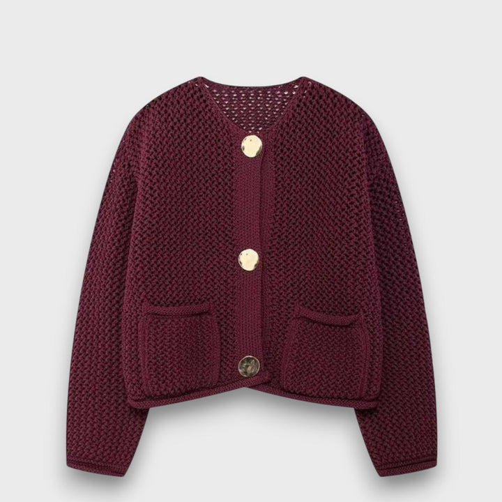 Women's burgundy textured knit cardigan with buttons and front patch pockets