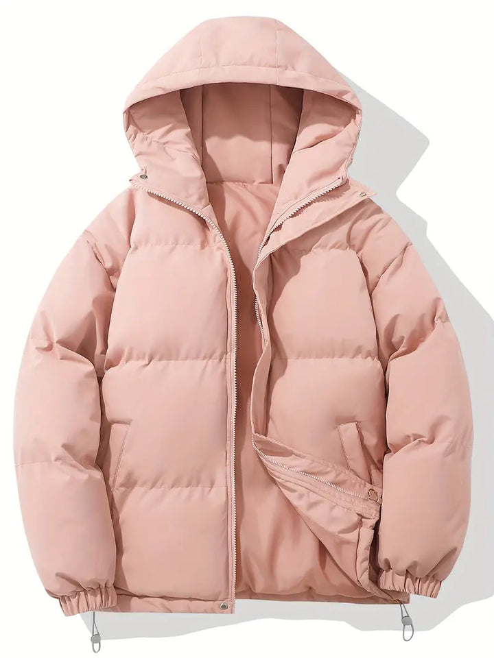 Women's hooded quilted puffer jacket with zip front and adjustable hem