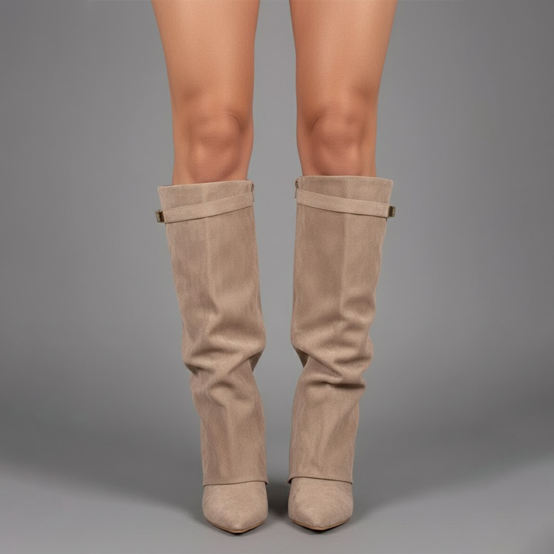 Women's black faux leather over-the-knee boots with buckle detail