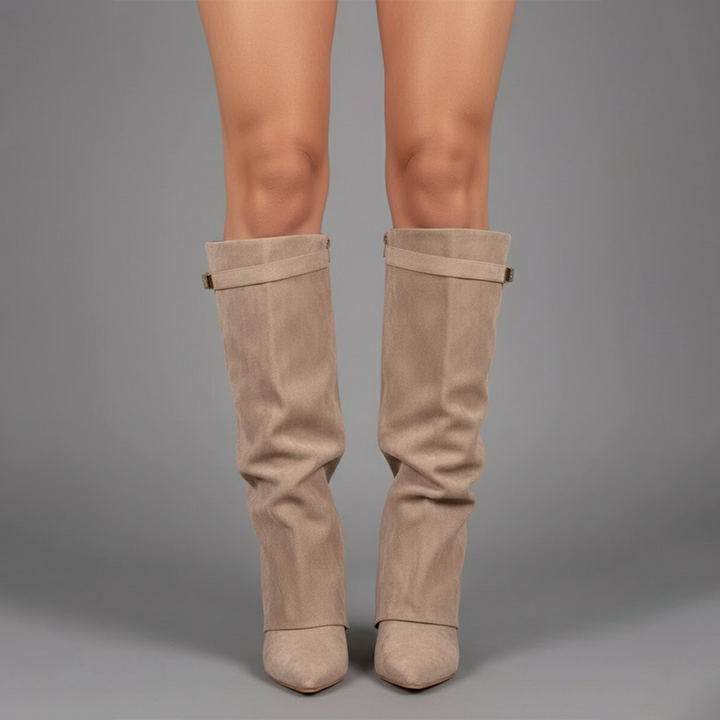 Women's black faux leather over-the-knee boots with buckle detail