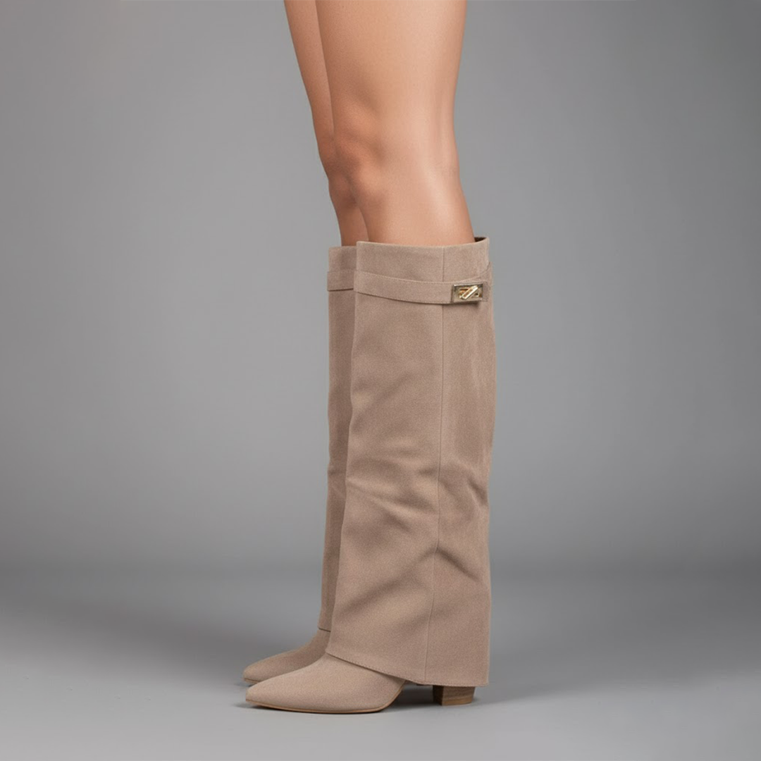 Women's black faux leather over-the-knee boots with buckle detail