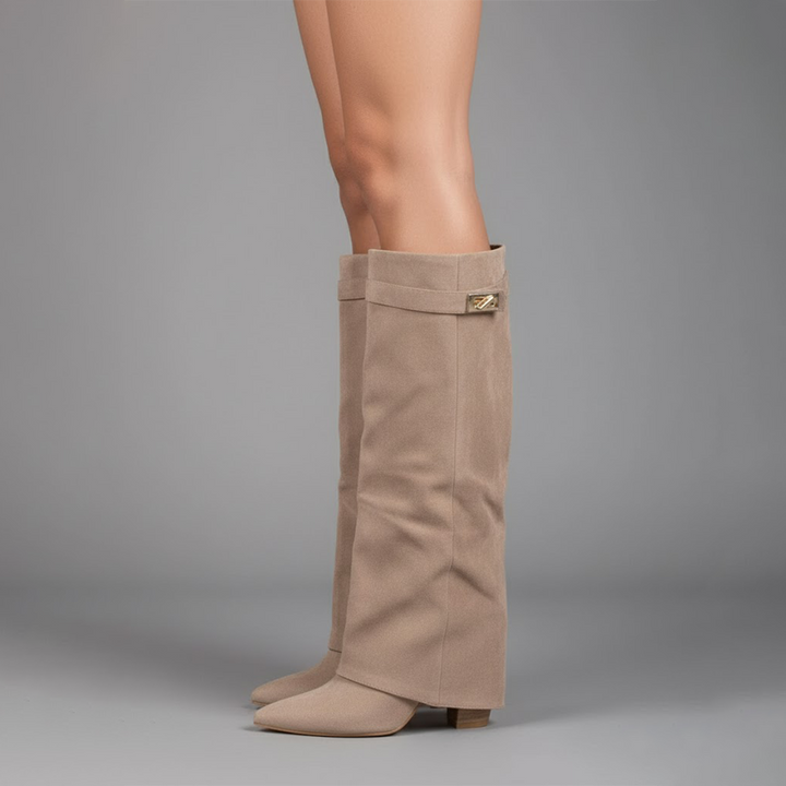 Women's black faux leather over-the-knee boots with buckle detail