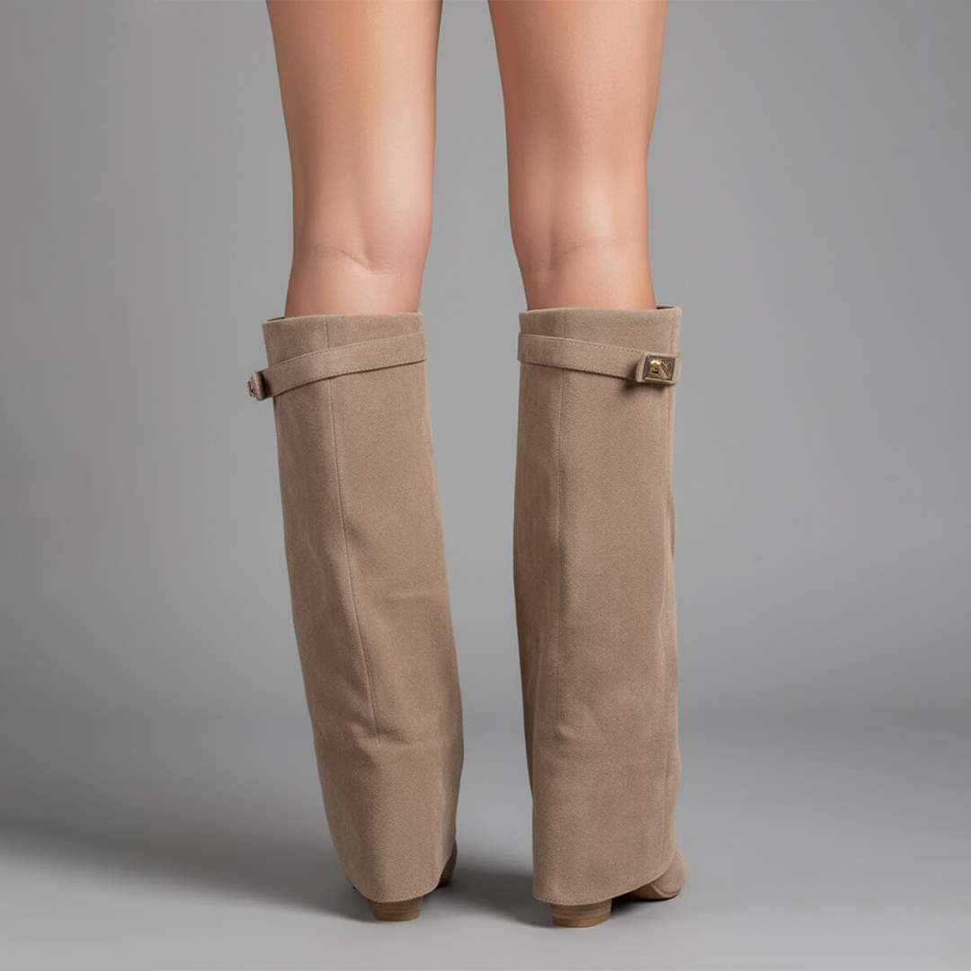 Women's black faux leather over-the-knee boots with buckle detail