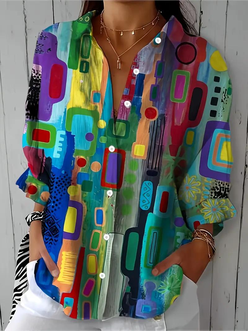 Women's colorful abstract print button-up blouse