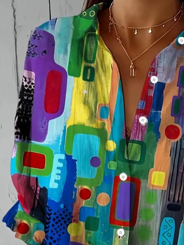 Women's colorful abstract print button-up blouse