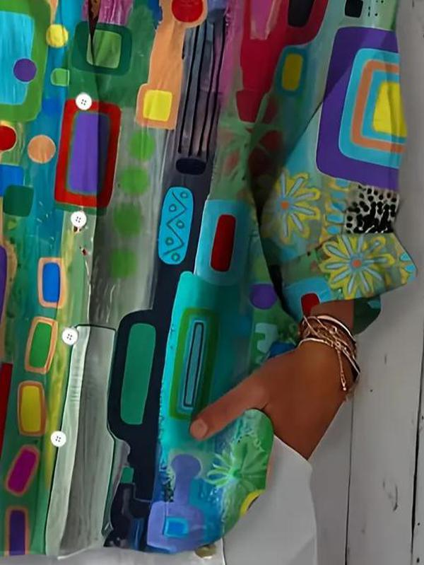Women's colorful abstract print button-up blouse