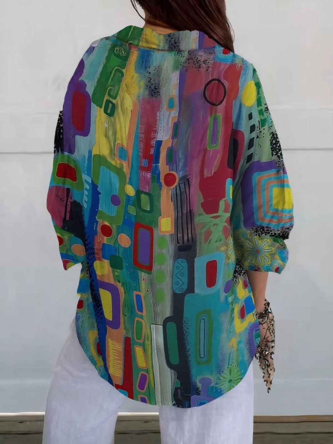 Women's colorful abstract print button-up blouse