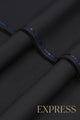 Close-up of solid wash and wear suit fabric with blue branded trim