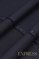 Close-up of solid wash and wear suit fabric with blue branded trim