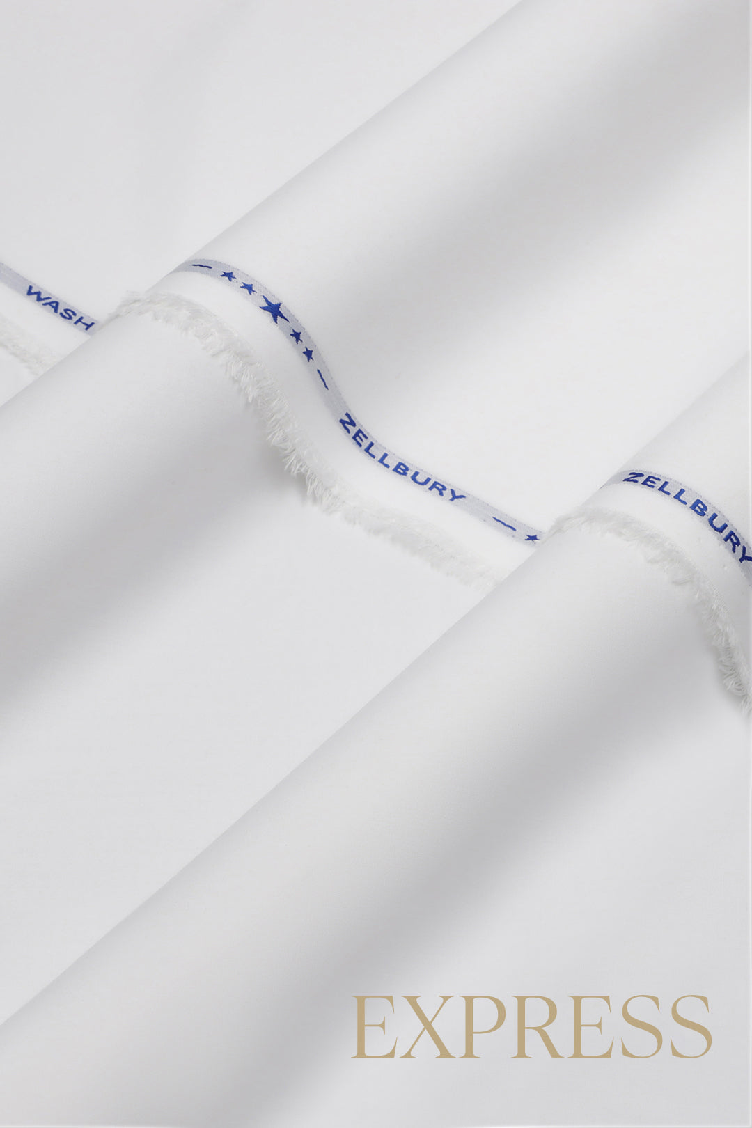 Close-up of solid wash and wear suit fabric with blue branded trim