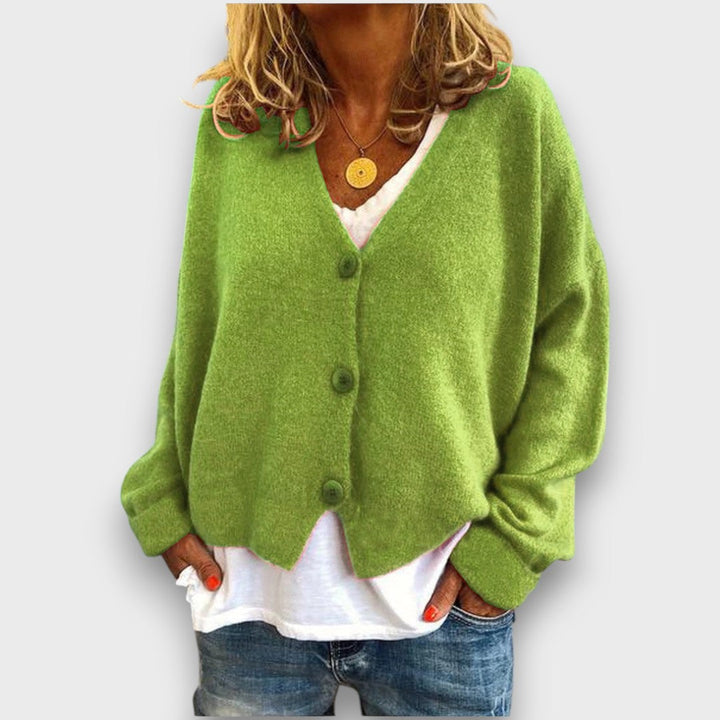 Women's V-neck knit cardigan with long sleeves and button front