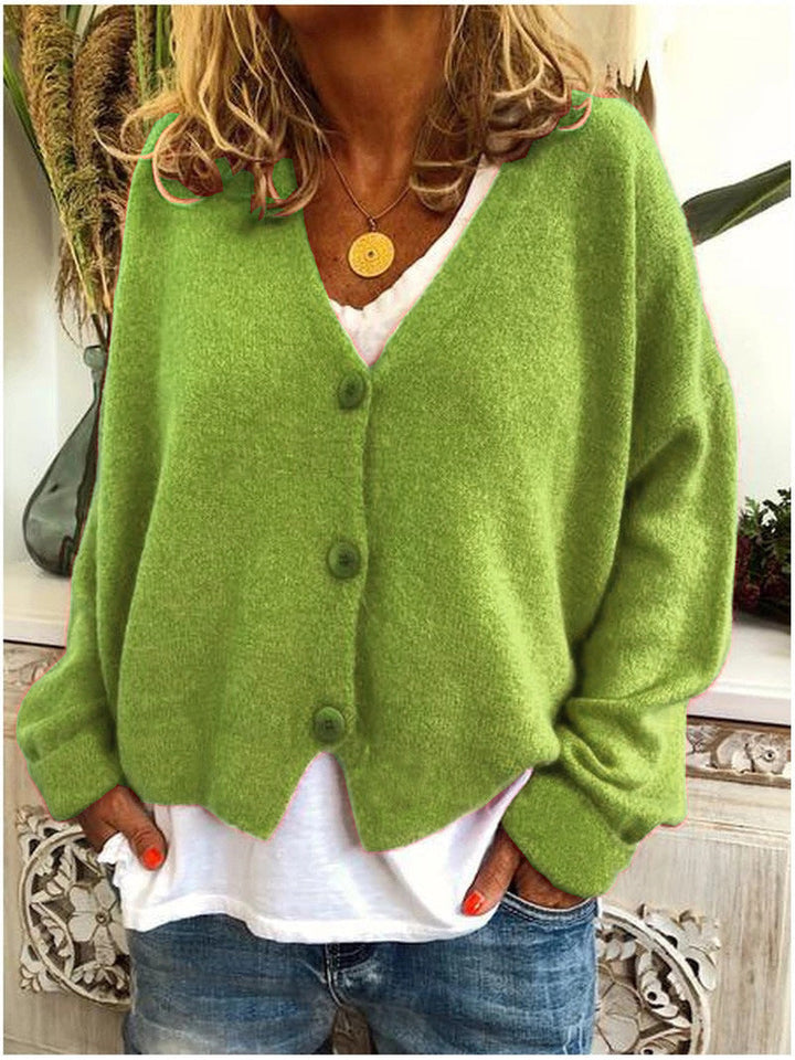 Women's V-neck knitted cardigan with long sleeves and button front