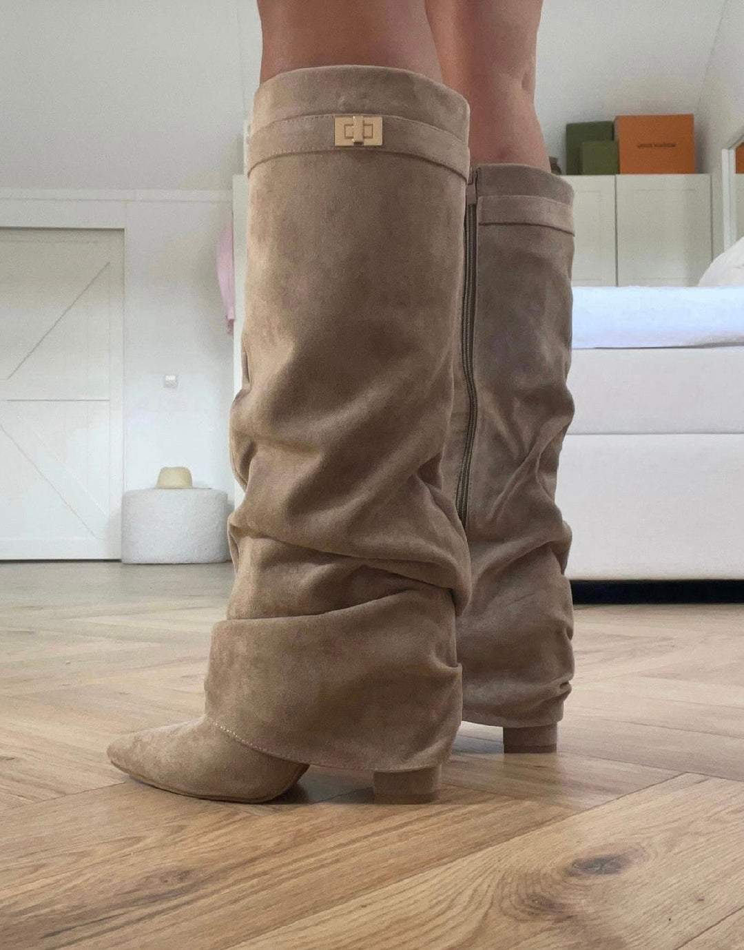 Women's beige slouch knee-high boots with pointed toes and low block heels