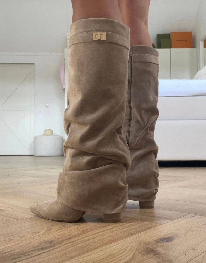Women's beige slouch knee-high boots with pointed toes and low block heels