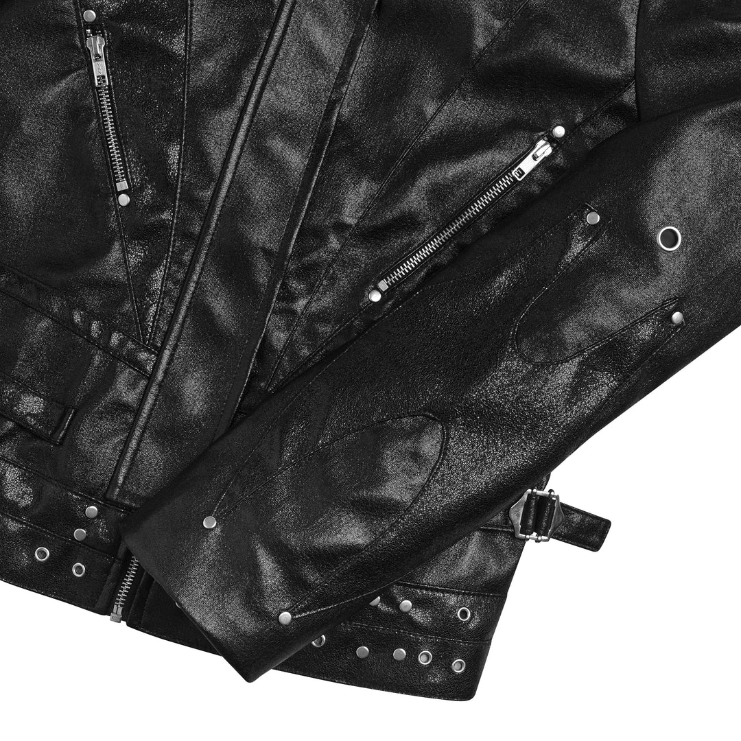 Black hooded jacket with fur-like trim, zip pockets and stud details