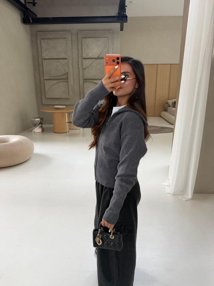 Women's gray knit cardigan with long sleeves