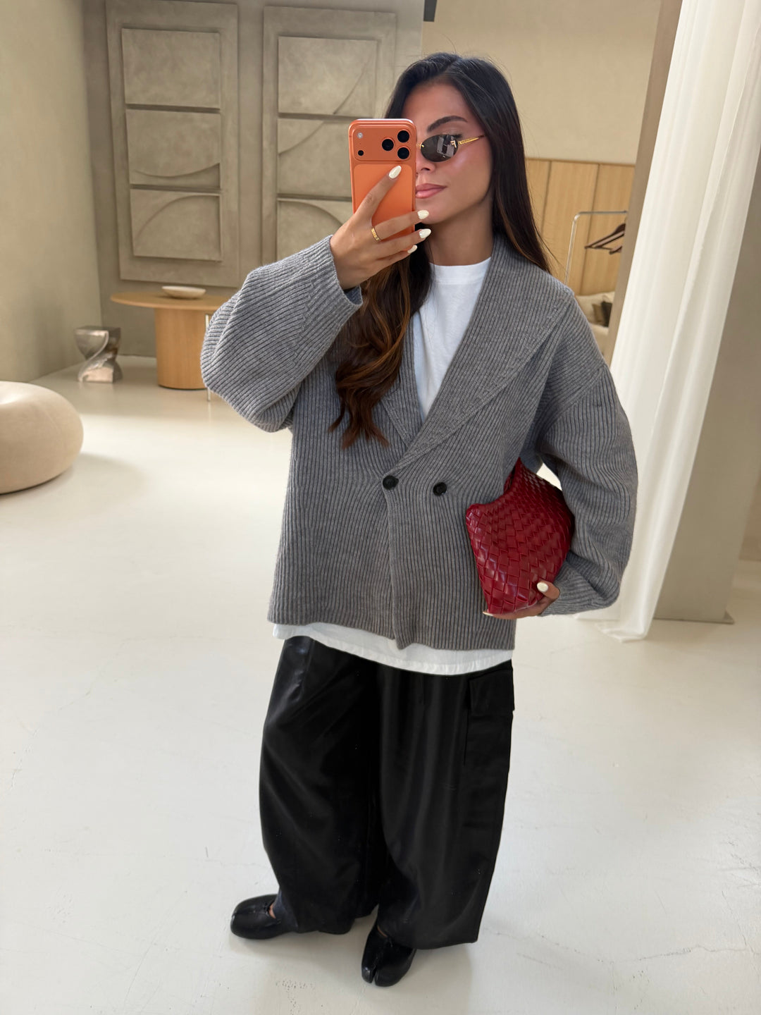 Women's gray ribbed cardigan with V-neck and button front