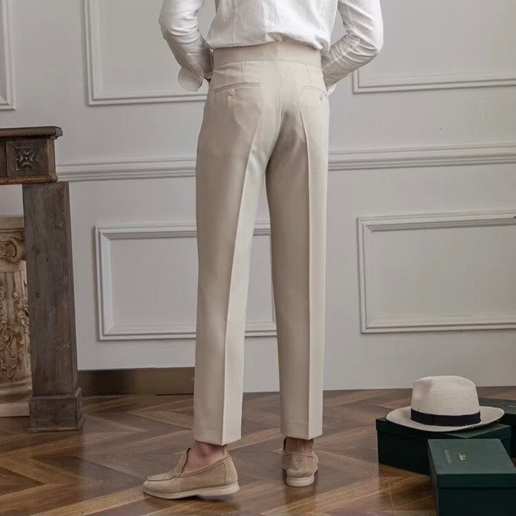 High-waisted pleated straight-leg trousers with belt