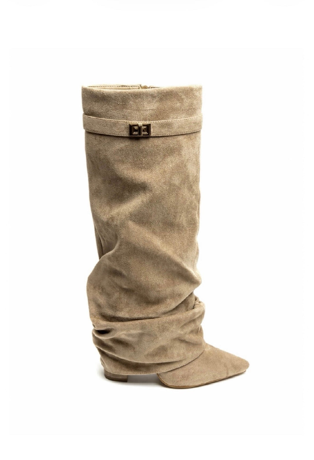 Women's beige slouch knee-high boots with pointed toes and low block heels