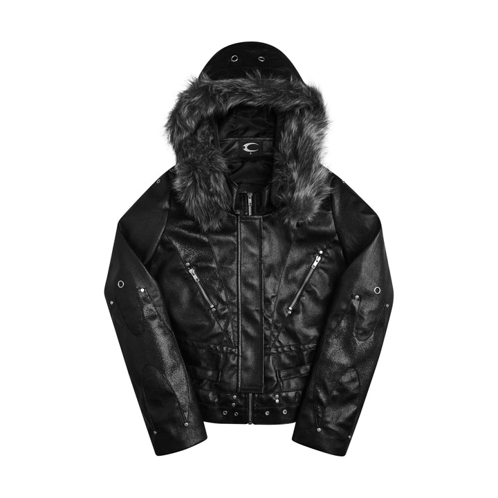Black hooded jacket with fur-like trim, zip pockets and stud details