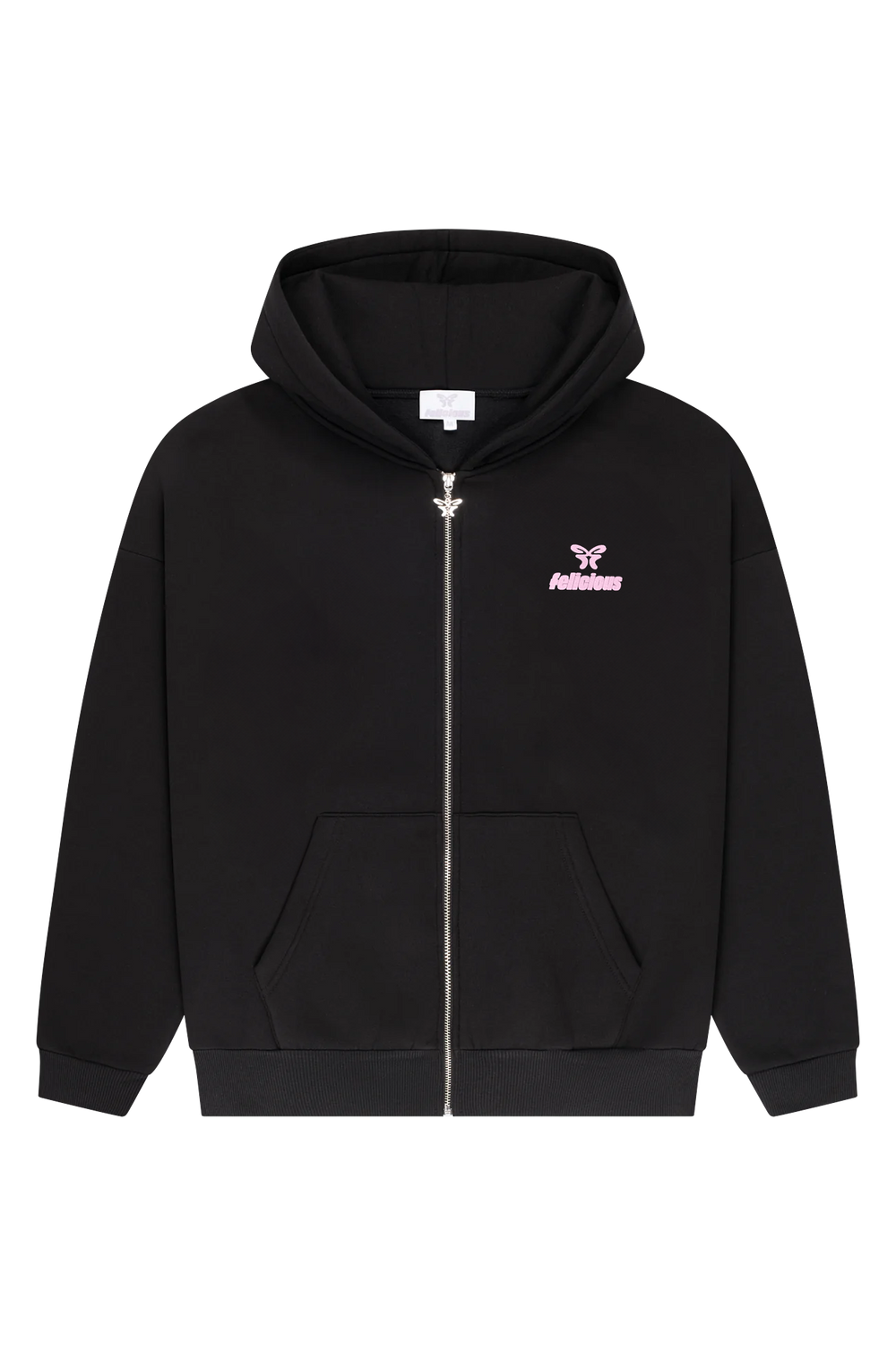 Black women's zip-up hoodie with hood, front pockets and pink chest logo