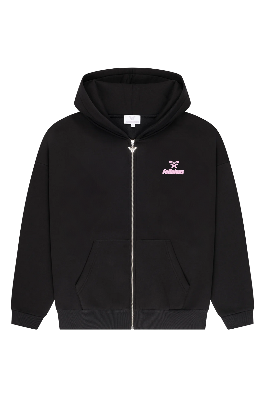 Black women's zip-up hoodie with hood, front pockets and pink chest logo