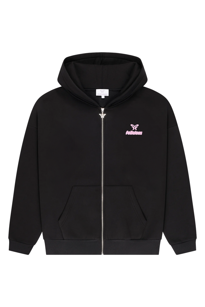 Black women's zip-up hoodie with hood, front pockets and pink chest logo