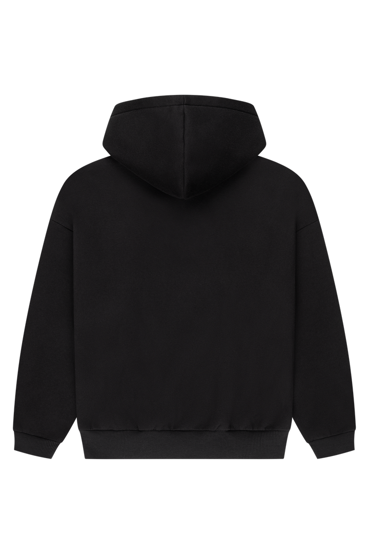 Black women's zip-up hoodie with hood, front pockets and pink chest logo