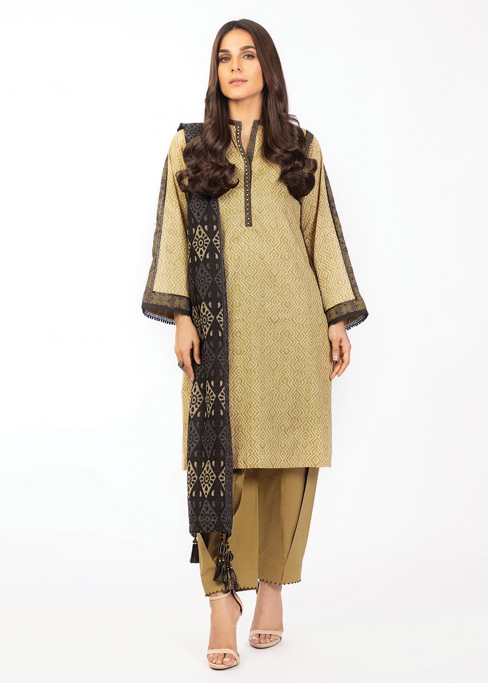 Women's olive geometric shirt and dupatta set with trousers