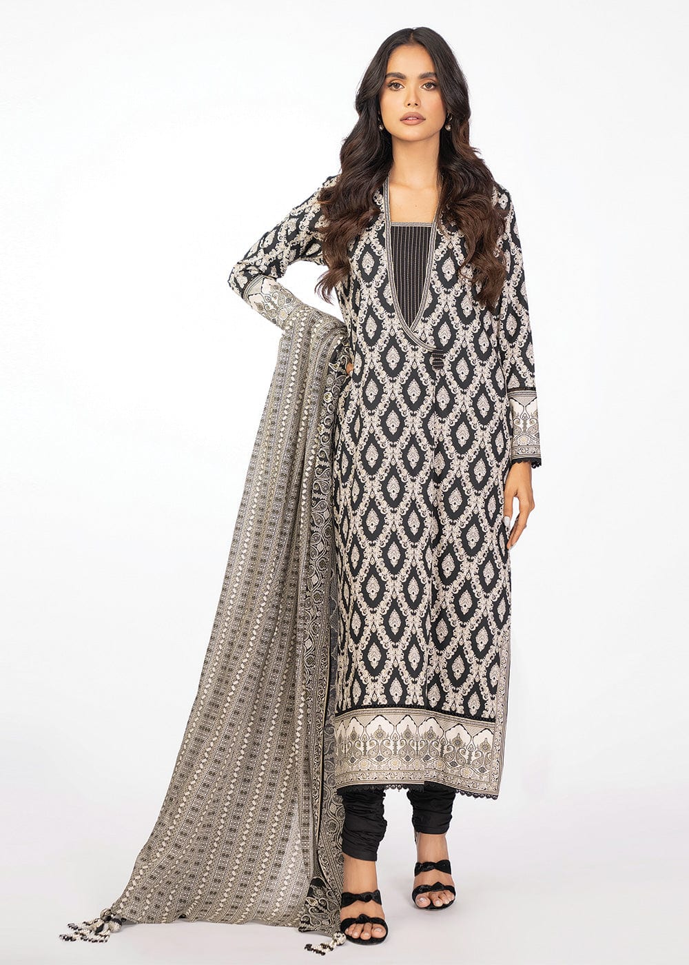 Women's black geometric shirt and dupatta set with long sleeves and patterned scarf