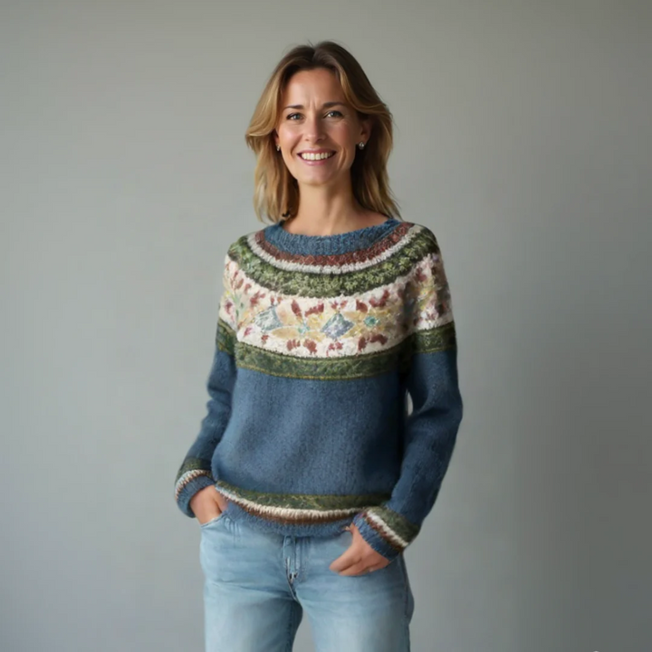 Women's Nordic Pattern Relaxed Fit Sweater in Grey/Rainbow - View 8 | Bellmere